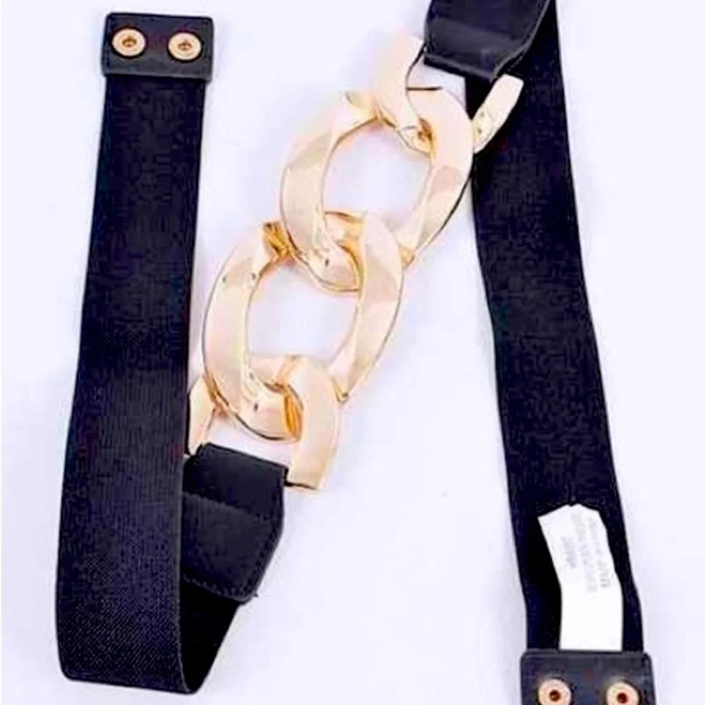 Plus Size Chunky Black & Gold Metal Elastic Statement Belt
